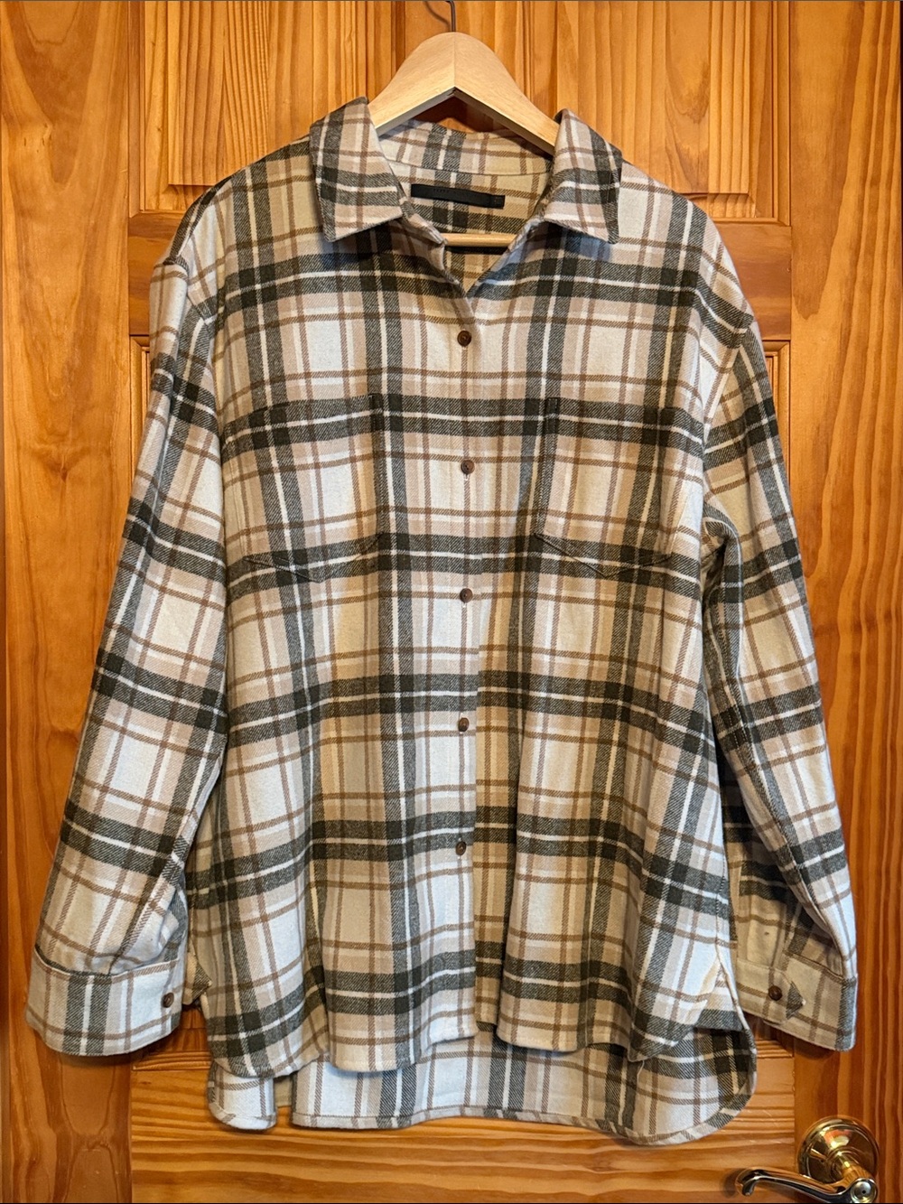 Jenni Kayne Wool Blend Plaid Shacket in Cream, Olive & Brown